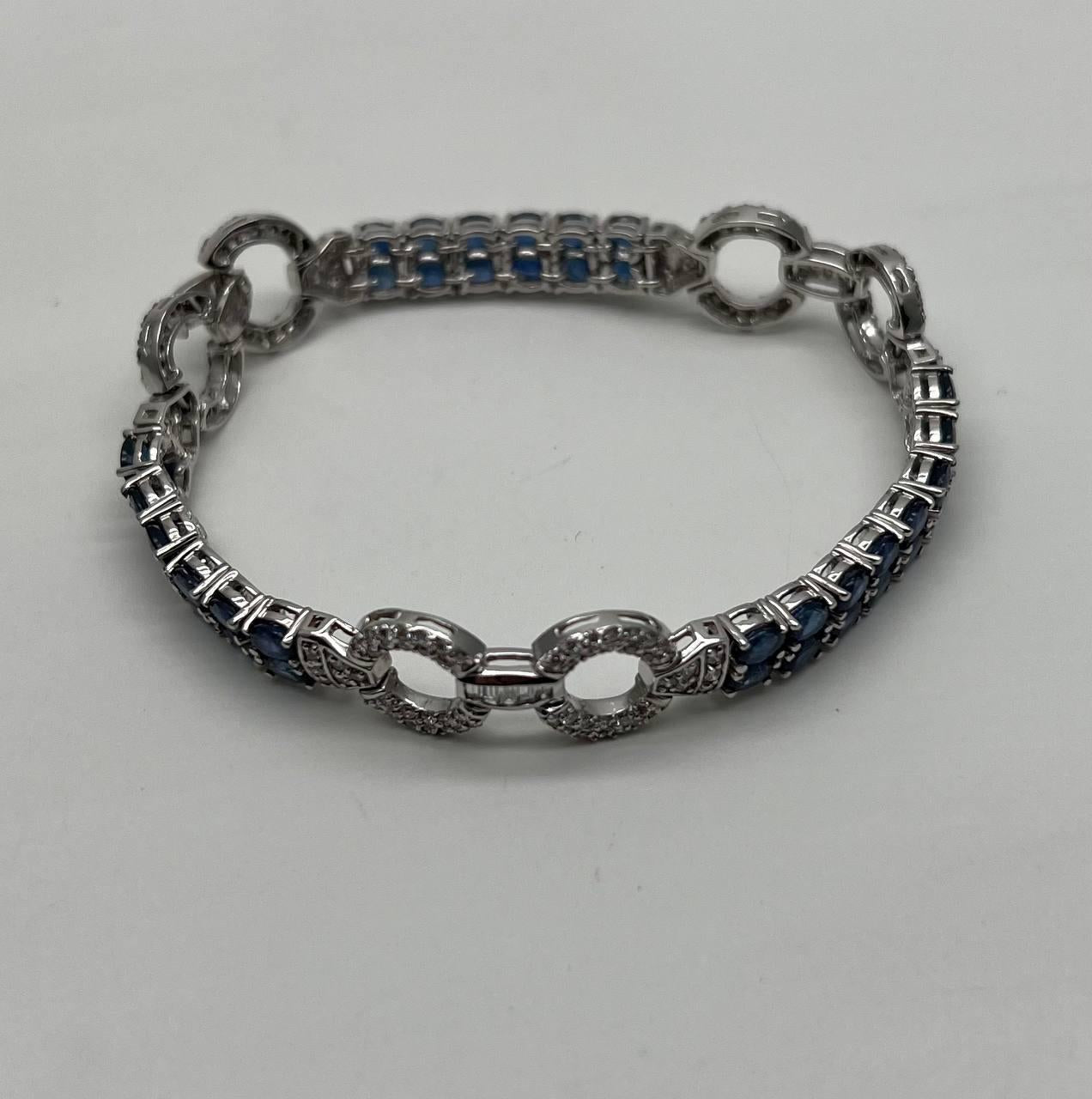 Blue Sapphire Tennis Line Diamond Pave Statement Unique 14K White Gold Bracelet