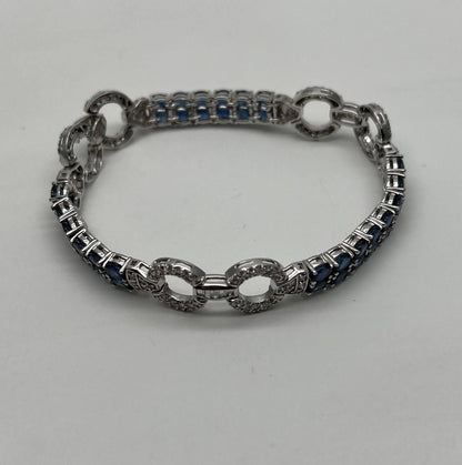 Blue Sapphire Tennis Line Diamond Pave Statement Unique 14K White Gold Bracelet