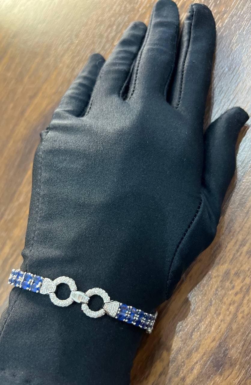 Blue Sapphire Tennis Line Diamond Pave Statement Unique 14K White Gold Bracelet