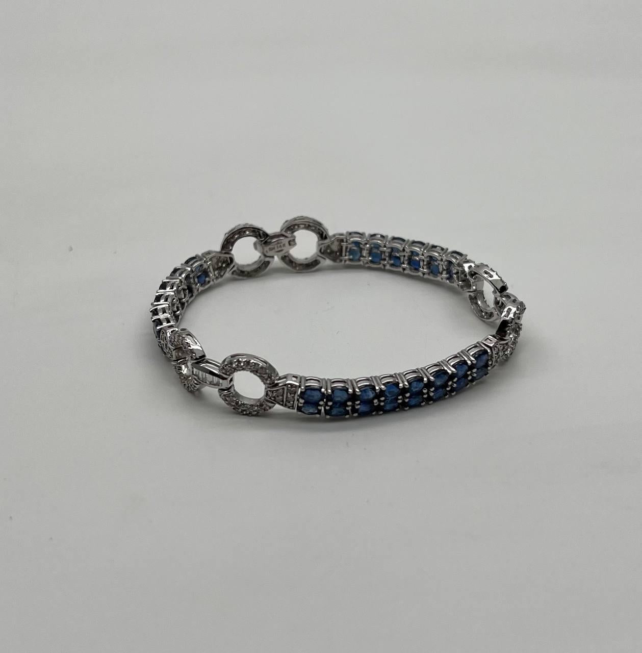 Blue Sapphire Tennis Line Diamond Pave Statement Unique 14K White Gold Bracelet