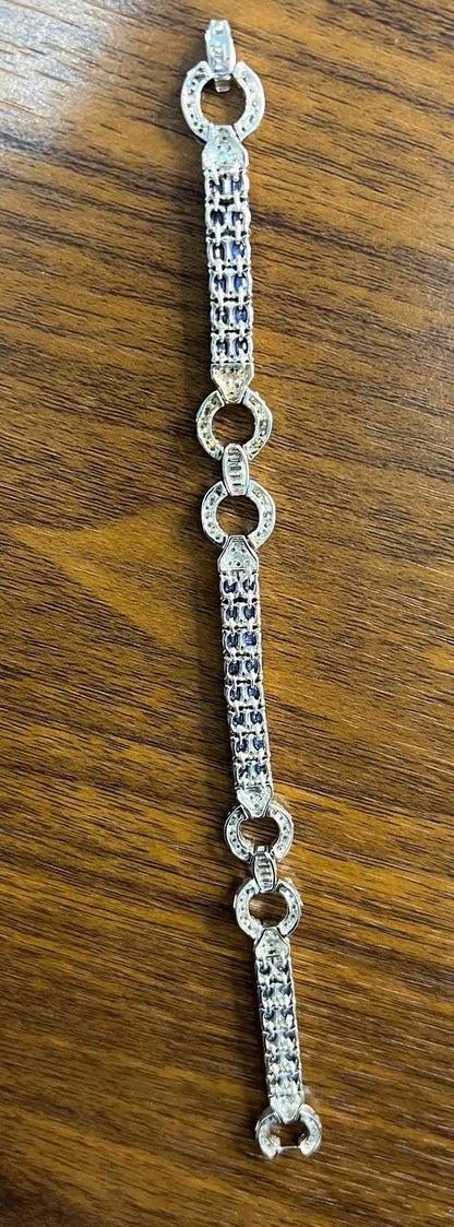Blue Sapphire Tennis Line Diamond Pave Statement Unique 14K White Gold Bracelet