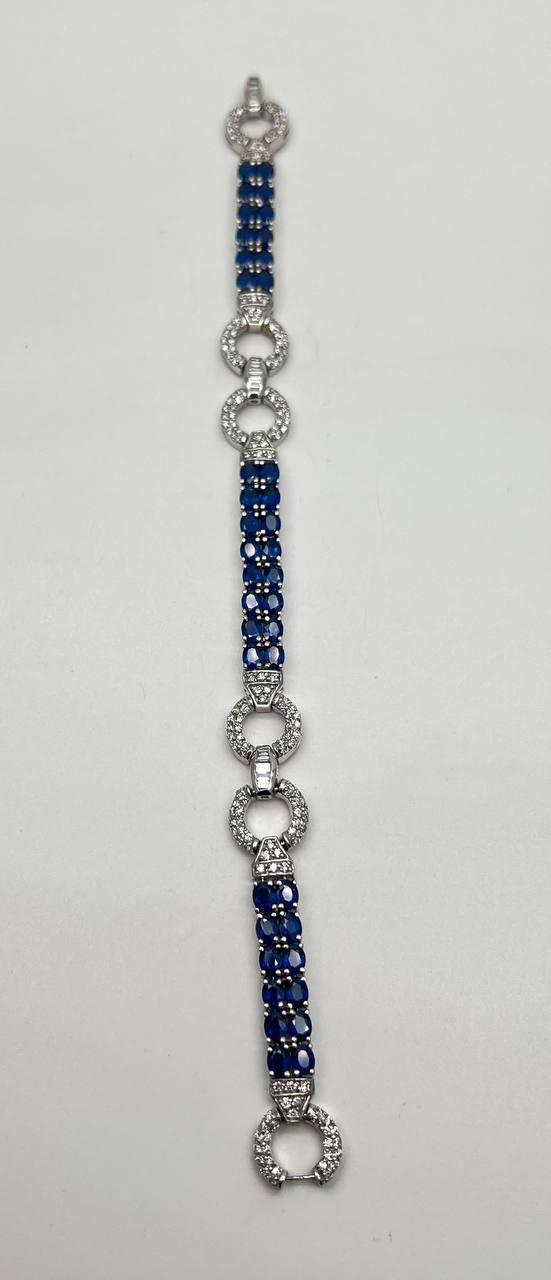 Blue Sapphire Tennis Line Diamond Pave Statement Unique 14K White Gold Bracelet