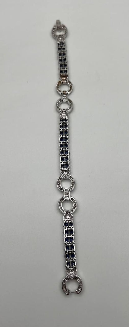 Blue Sapphire Tennis Line Diamond Pave Statement Unique 14K White Gold Bracelet
