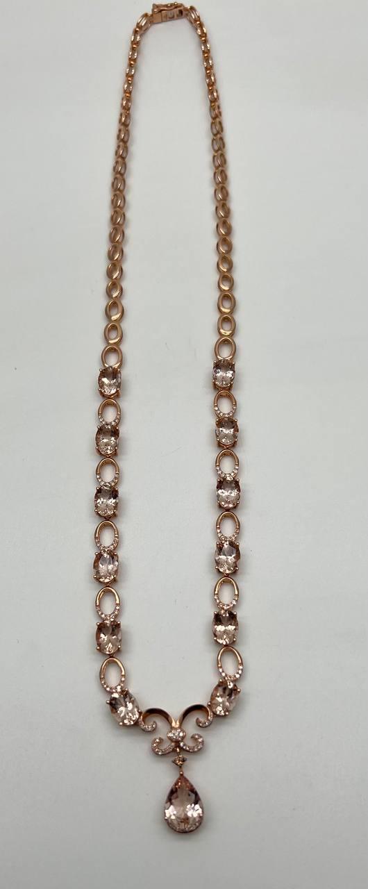 Pear Teardrop Peach Pink Morganite 14K Rose Gold Fancy Diamond Pendant Necklace