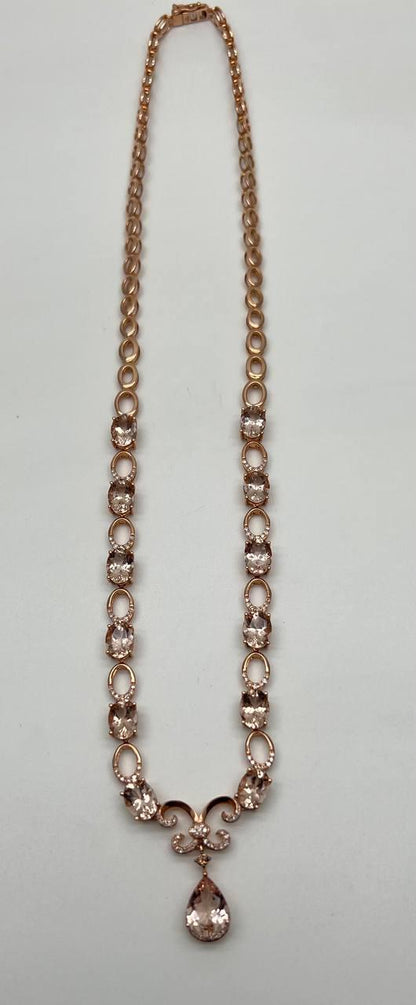 Pear Teardrop Peach Pink Morganite 14K Rose Gold Fancy Diamond Pendant Necklace
