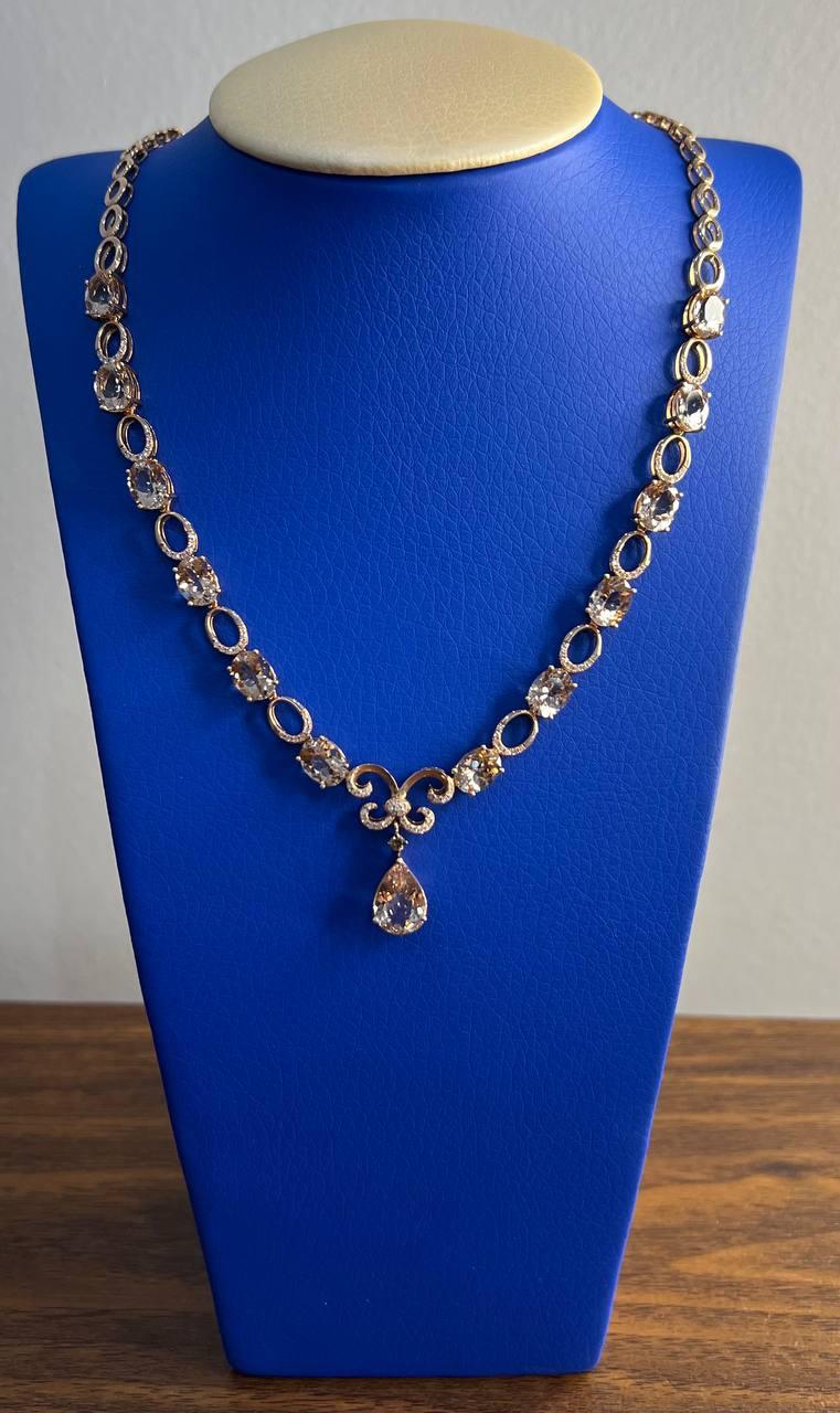 pear teardrop peach pink morganite 14k rose gold fancy diamond pendant necklace