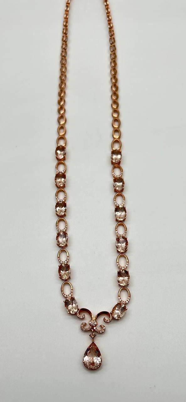 Pear Teardrop Peach Pink Morganite 14K Rose Gold Fancy Diamond Pendant Necklace
