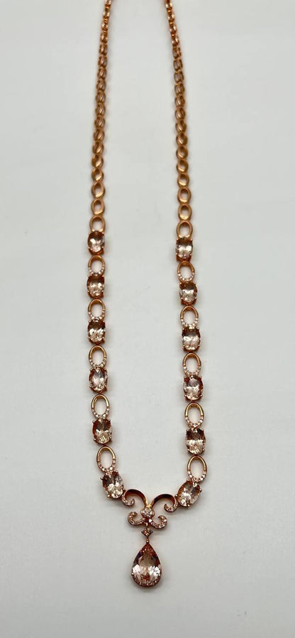 Pear Teardrop Peach Pink Morganite 14K Rose Gold Fancy Diamond Pendant Necklace
