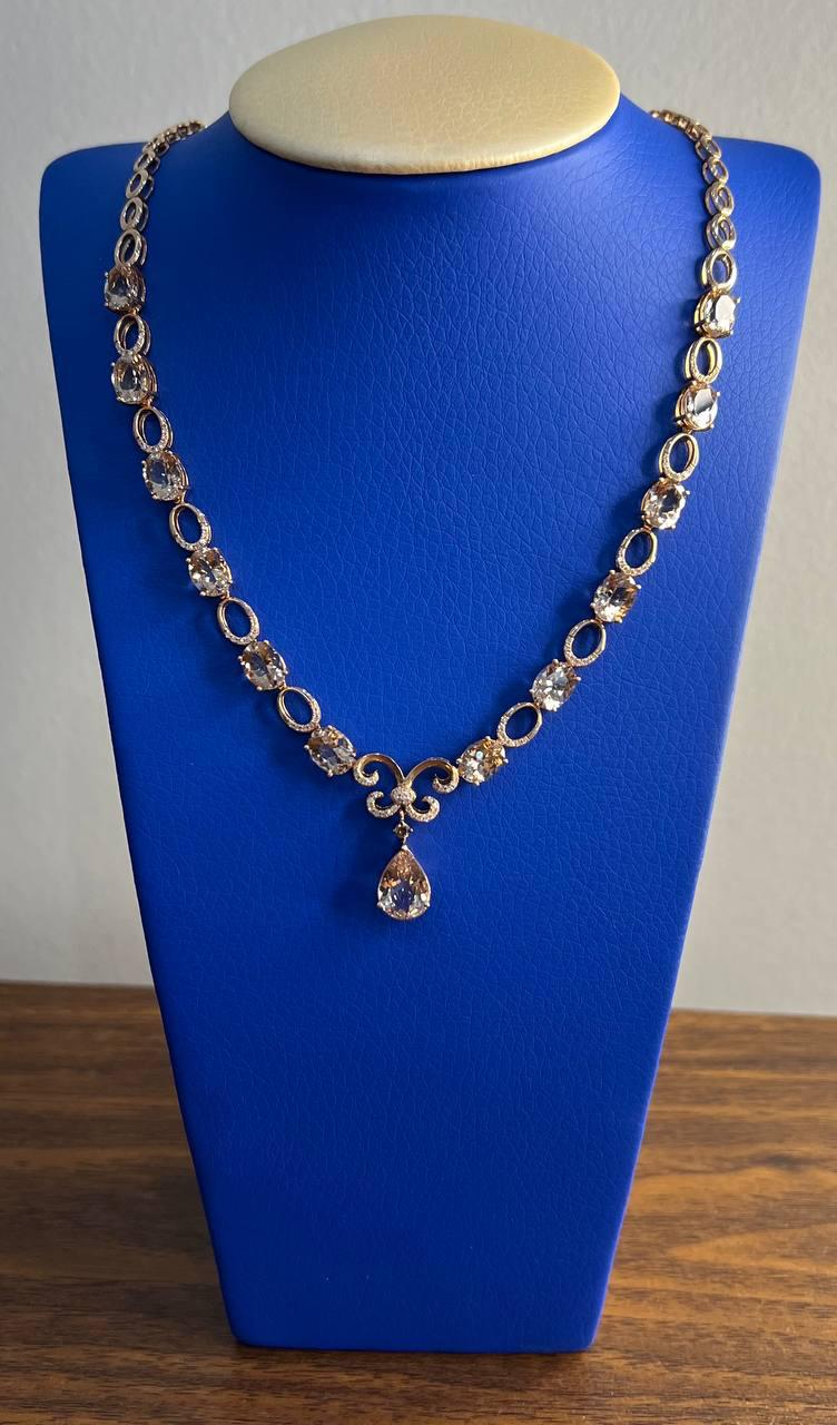 pear teardrop peach pink morganite 14k rose gold fancy diamond pendant necklace