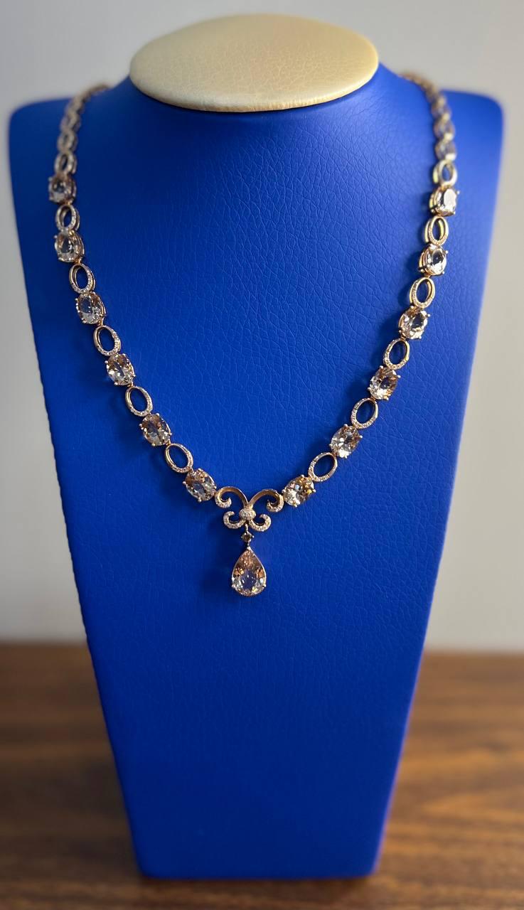 Pear Teardrop Peach Pink Morganite 14K Rose Gold Fancy Diamond Pendant Necklace
