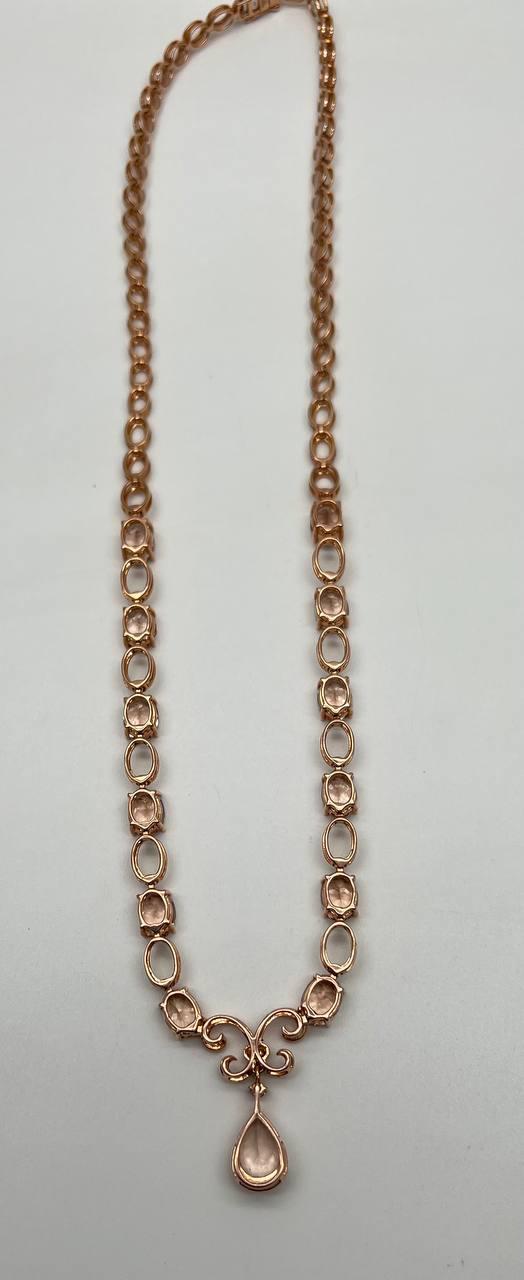 Pear Teardrop Peach Pink Morganite 14K Rose Gold Fancy Diamond Pendant Necklace