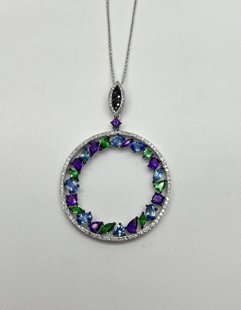 Amethyst Green Tsavorite Blue Sapphire Diamonds 14K White Gold Pendant Necklace