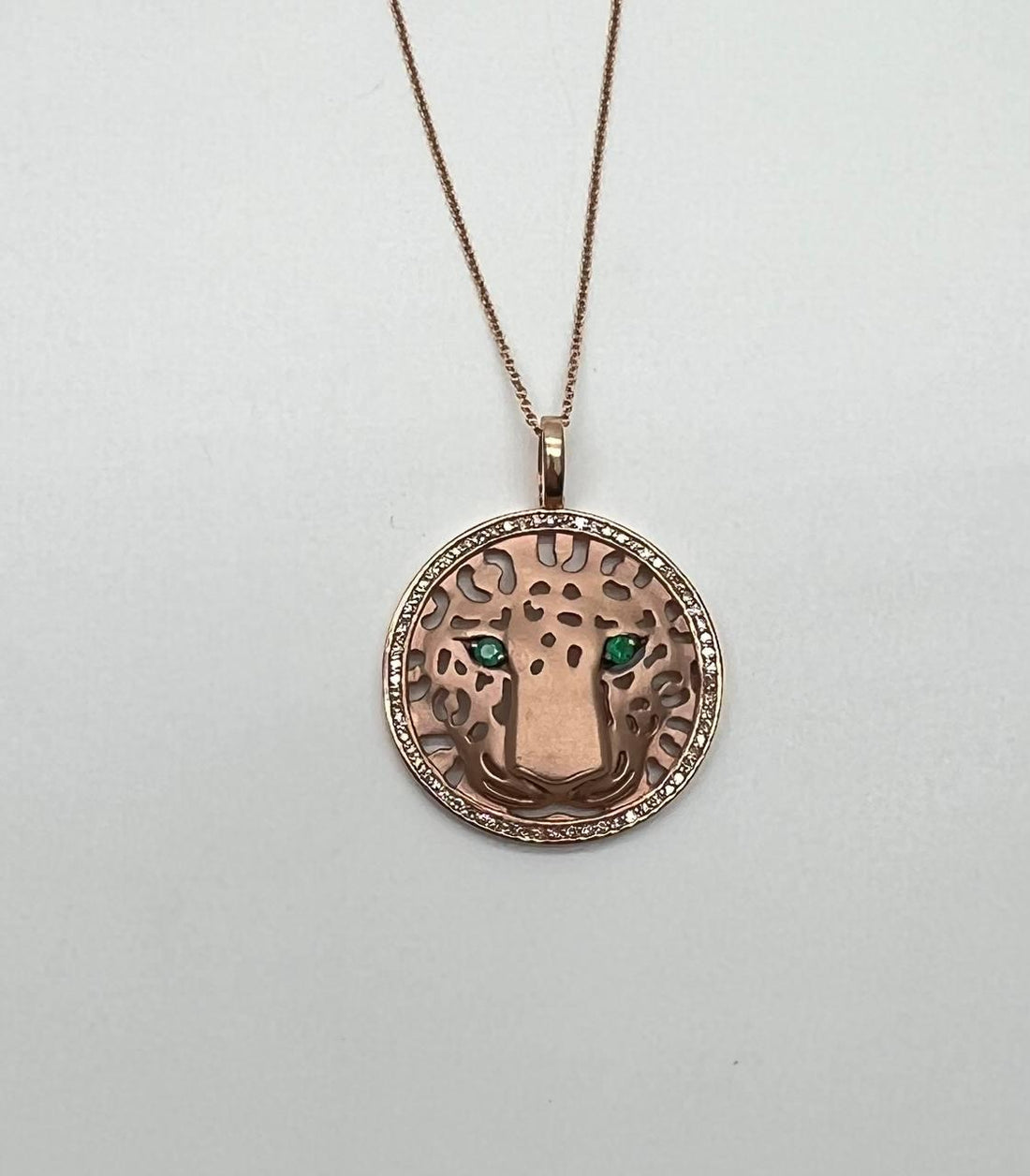 Diamonds Leopard Jaguar Panther Tiger Halo Rose Gold Pendant Medallion Necklace