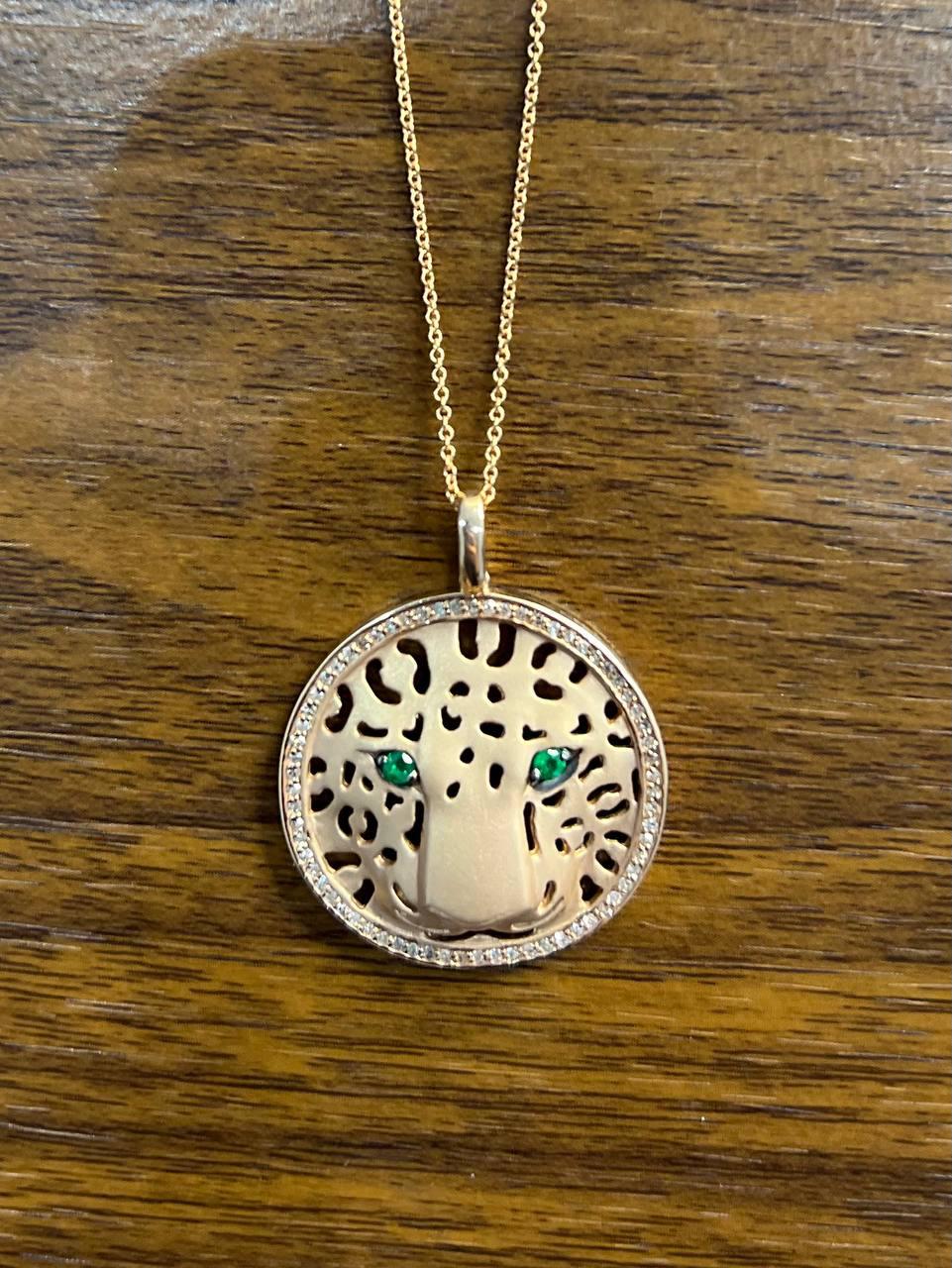 Diamonds Leopard Jaguar Panther Tiger Halo Rose Gold Pendant Medallion Necklace