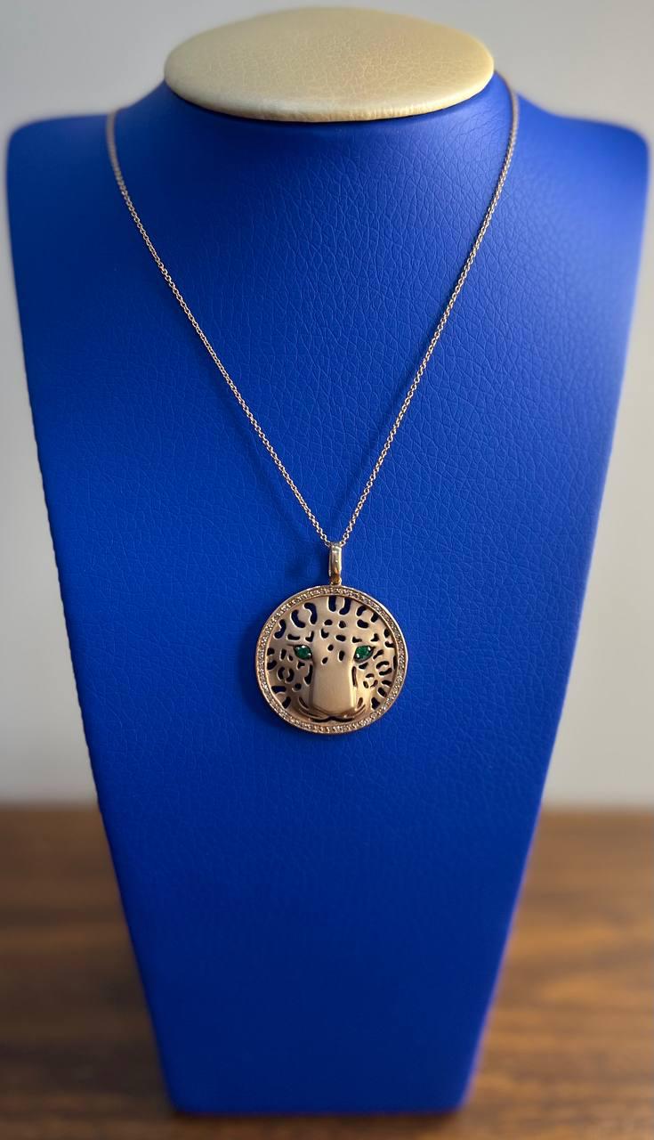 Diamonds Leopard Jaguar Panther Tiger Halo Rose Gold Pendant Medallion Necklace