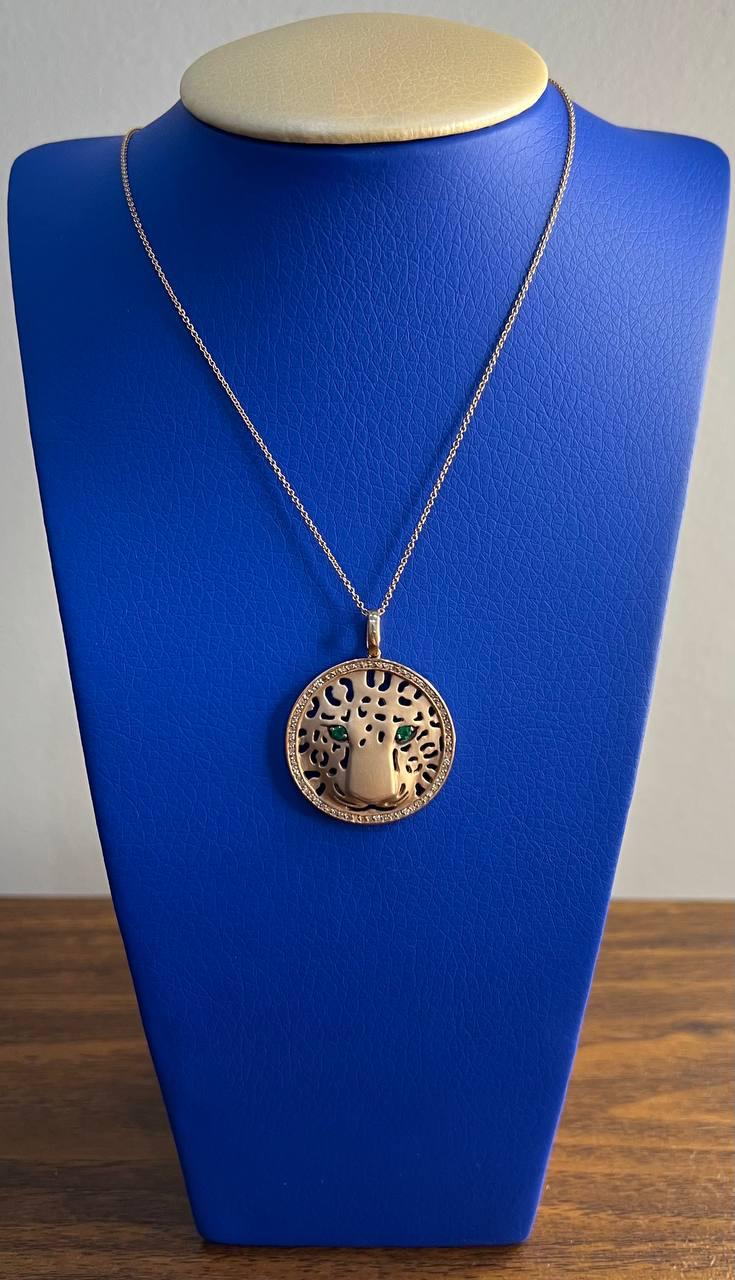Diamonds Leopard Jaguar Panther Tiger Halo Rose Gold Pendant Medallion Necklace