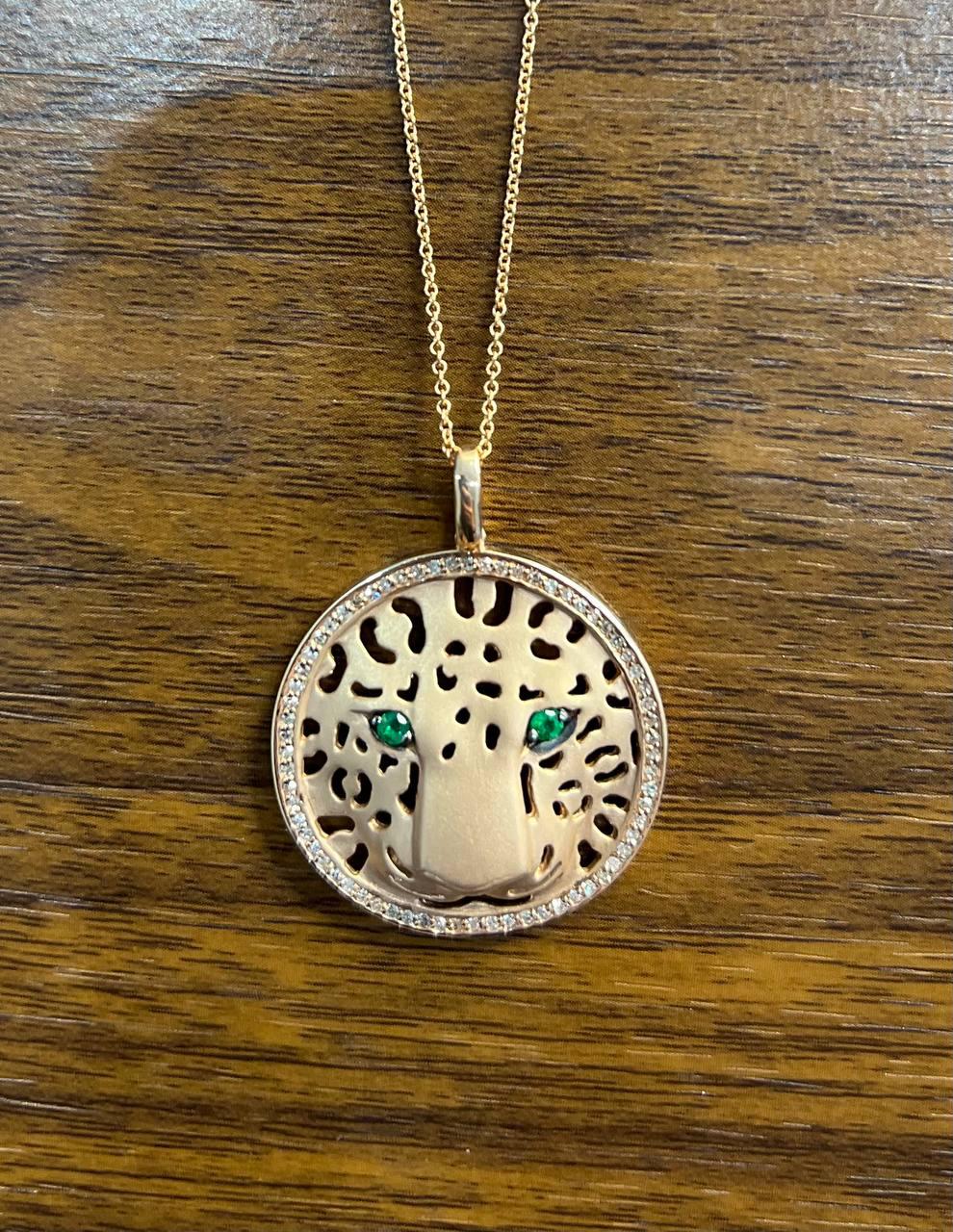 Diamonds Leopard Jaguar Panther Tiger Halo Rose Gold Pendant Medallion Necklace