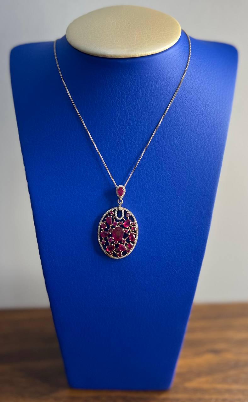 Red Pink Ruby Diamond Halo 14K Rose Gold Pendant Medallion Statement Necklace