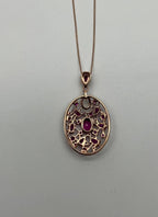 Red Pink Ruby Diamond Halo 14K Rose Gold Pendant Medallion Statement Necklace