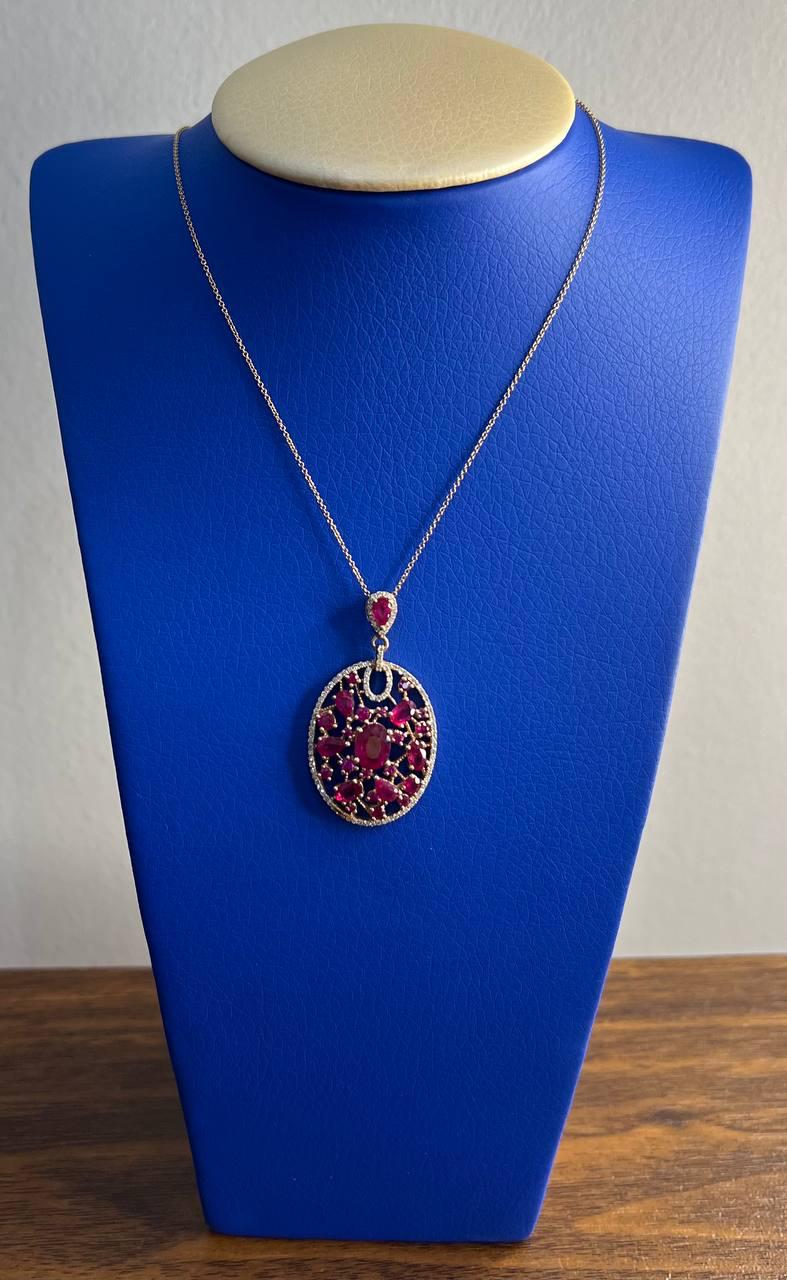 Red Pink Ruby Diamond Halo 14K Rose Gold Pendant Medallion Statement Necklace