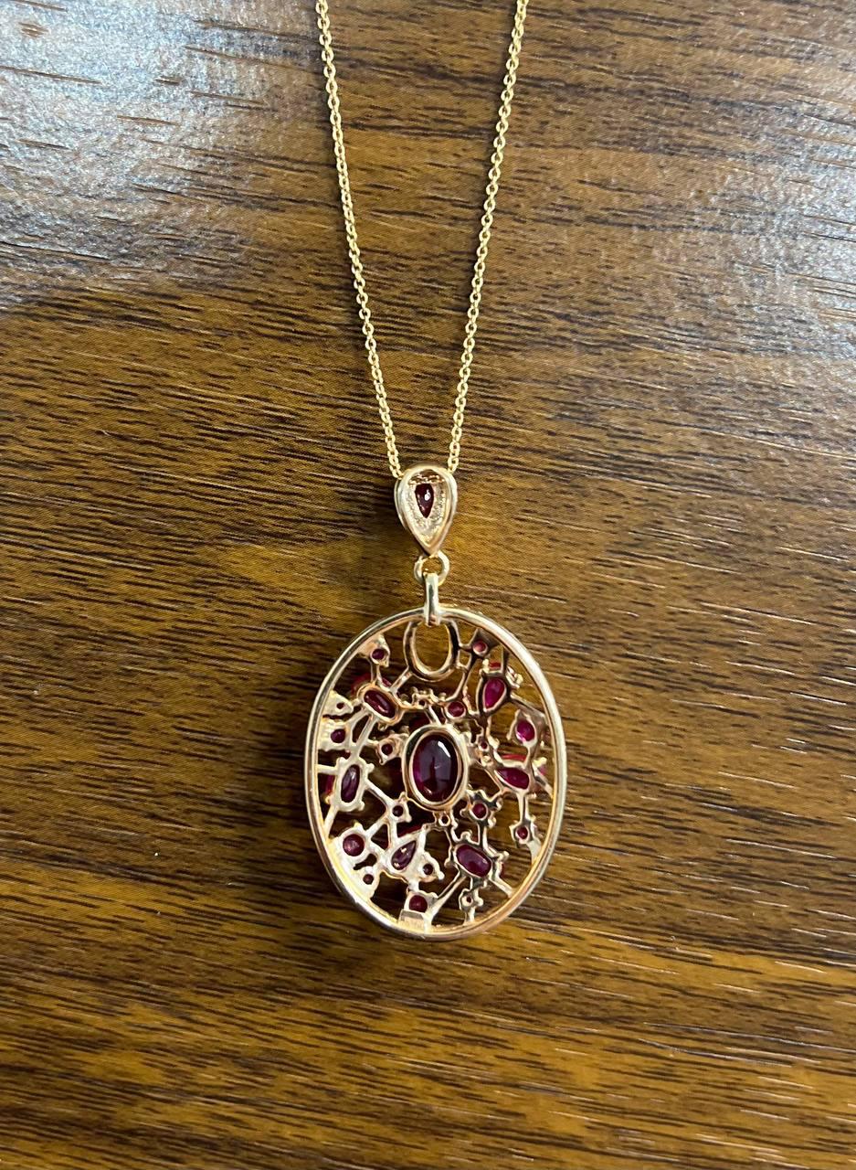 Red Pink Ruby Diamond Halo 14K Rose Gold Pendant Medallion Statement Necklace