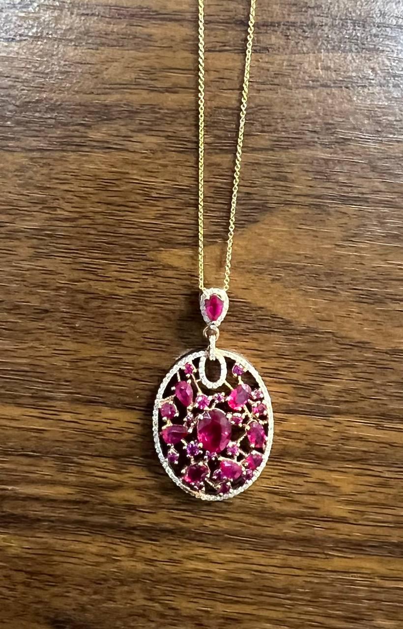 Red Pink Ruby Diamond Halo 14K Rose Gold Pendant Medallion Statement Necklace