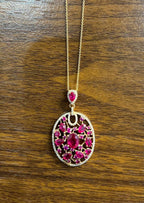 Red Pink Ruby Diamond Halo 14K Rose Gold Pendant Medallion Statement Necklace