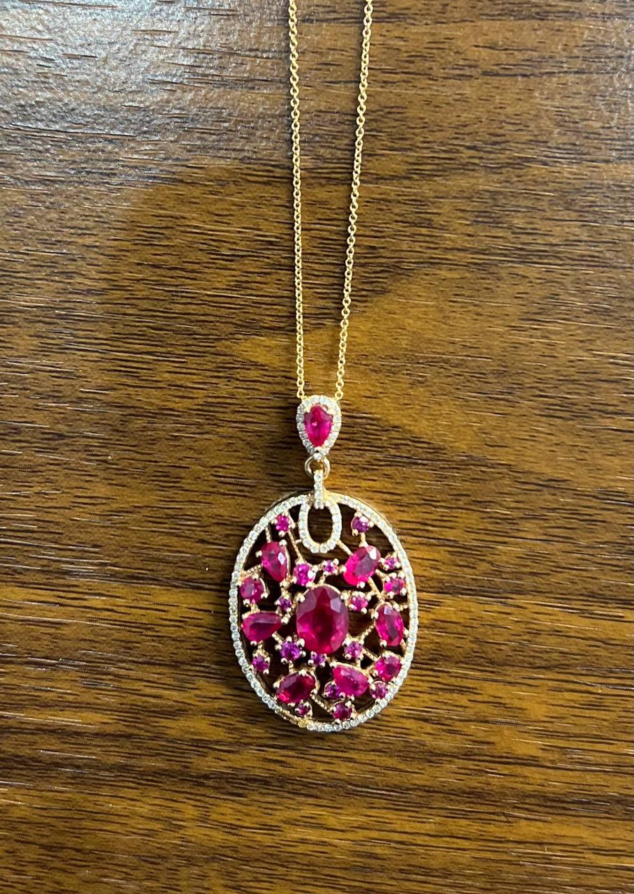 Red Pink Ruby Diamond Halo 14K Rose Gold Pendant Medallion Statement Necklace