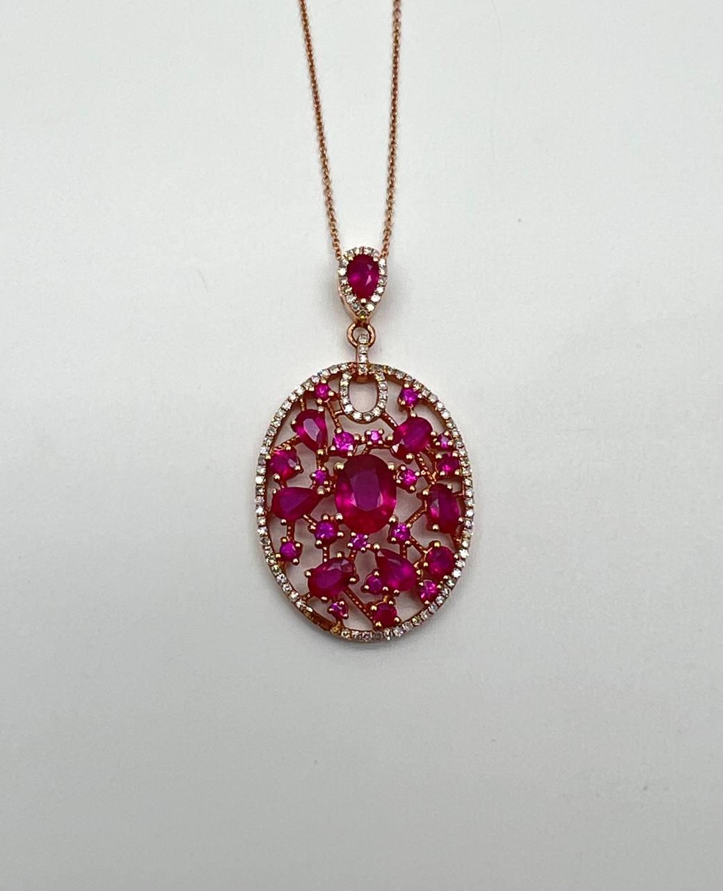 Red Pink Ruby Diamond Halo 14K Rose Gold Pendant Medallion Statement Necklace