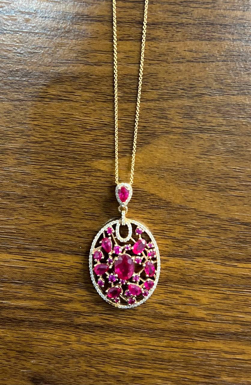 Red Pink Ruby Diamond Halo 14K Rose Gold Pendant Medallion Statement Necklace