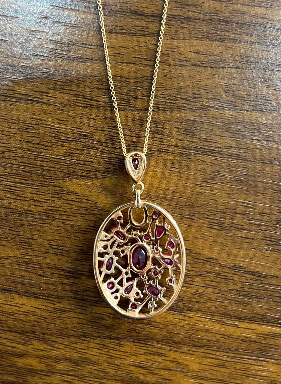 Red Pink Ruby Diamond Halo 14K Rose Gold Pendant Medallion Statement Necklace