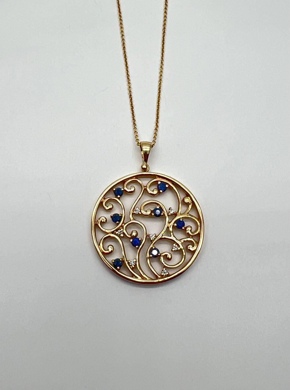 Blue Sapphire White Diamonds Floral Tree Nature 14K Yellow Gold Pendant Necklace
