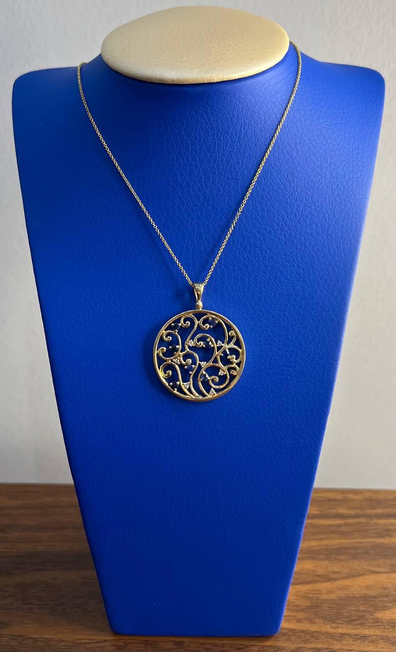 Blue Sapphire White Diamonds Floral Tree Nature 14K Yellow Gold Pendant Necklace