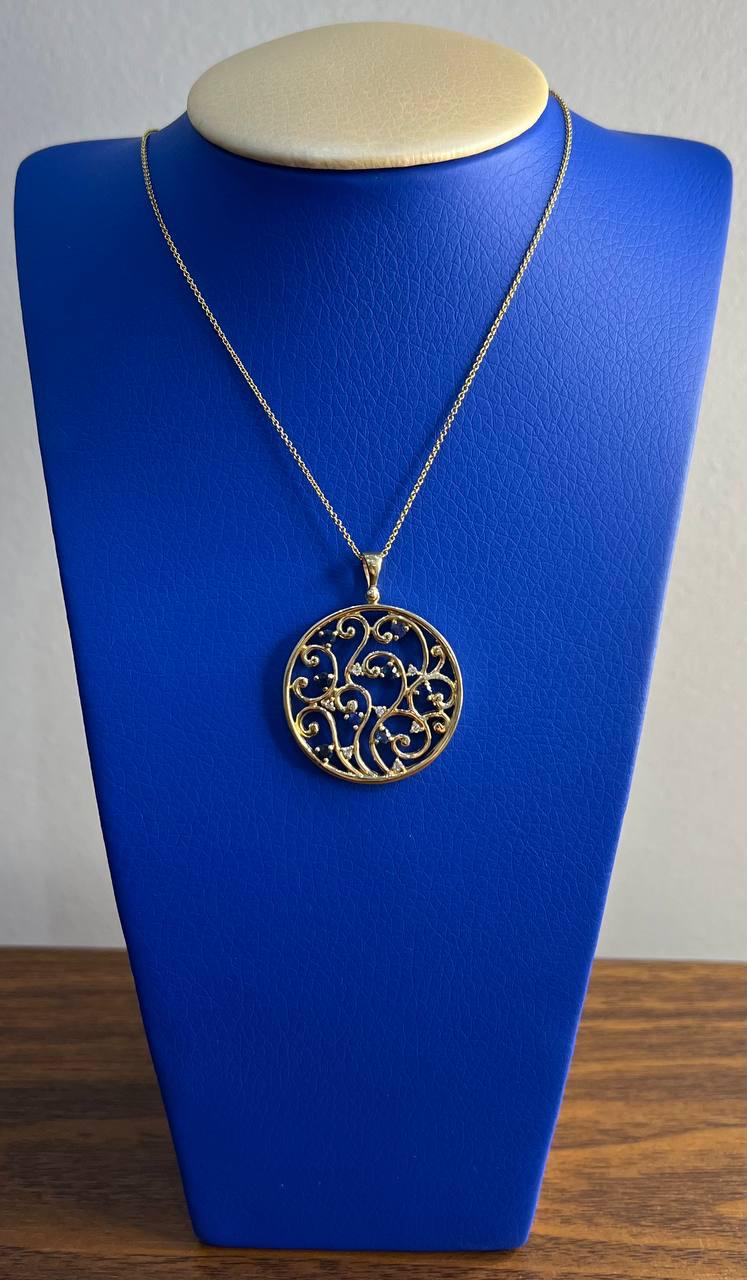 Blue Sapphire White Diamonds Floral Tree Nature 14K Yellow Gold Pendant Necklace