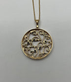 Blue Sapphire White Diamonds Floral Tree Nature 14K Yellow Gold Pendant Necklace