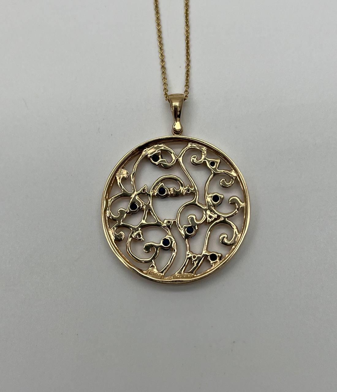 Blue Sapphire White Diamonds Floral Tree Nature 14K Yellow Gold Pendant Necklace