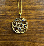 Blue Sapphire White Diamonds Floral Tree Nature 14K Yellow Gold Pendant Necklace