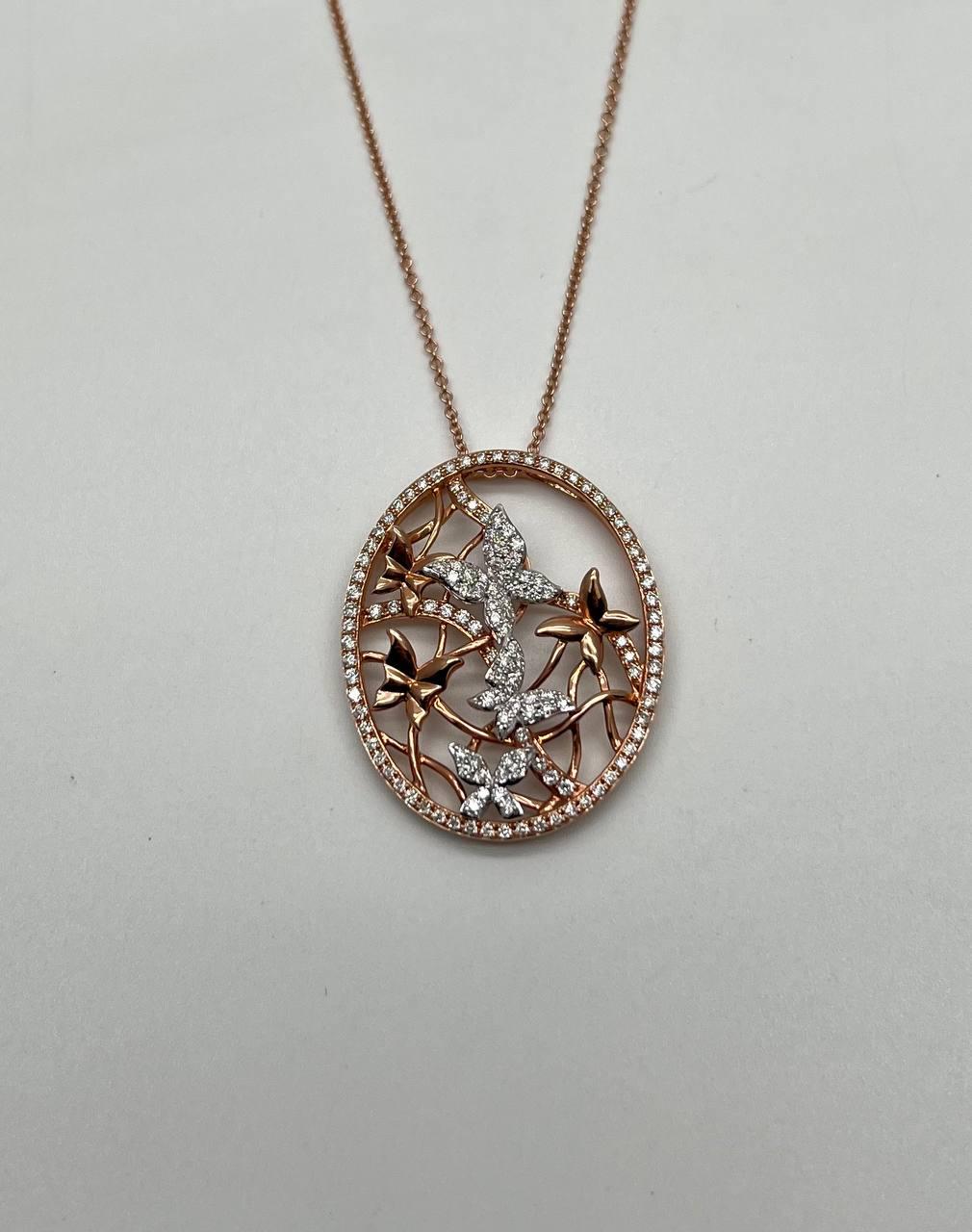 Butterfly Butterflies Diamond Pave Set 14K Rose Gold Pendant Medallion Necklace