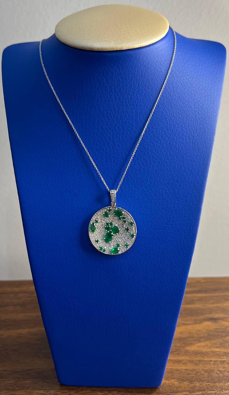 Green Emerald &amp; White Diamond Cluster Pave Set 14K White Gold Pendant Necklace