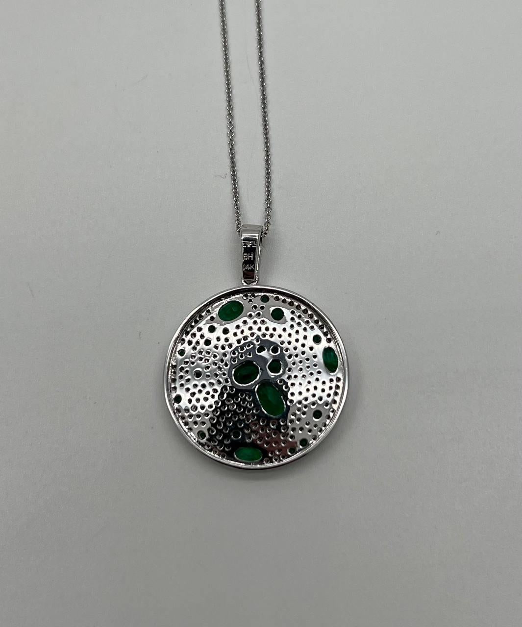 Green Emerald &amp; White Diamond Cluster Pave Set 14K White Gold Pendant Necklace