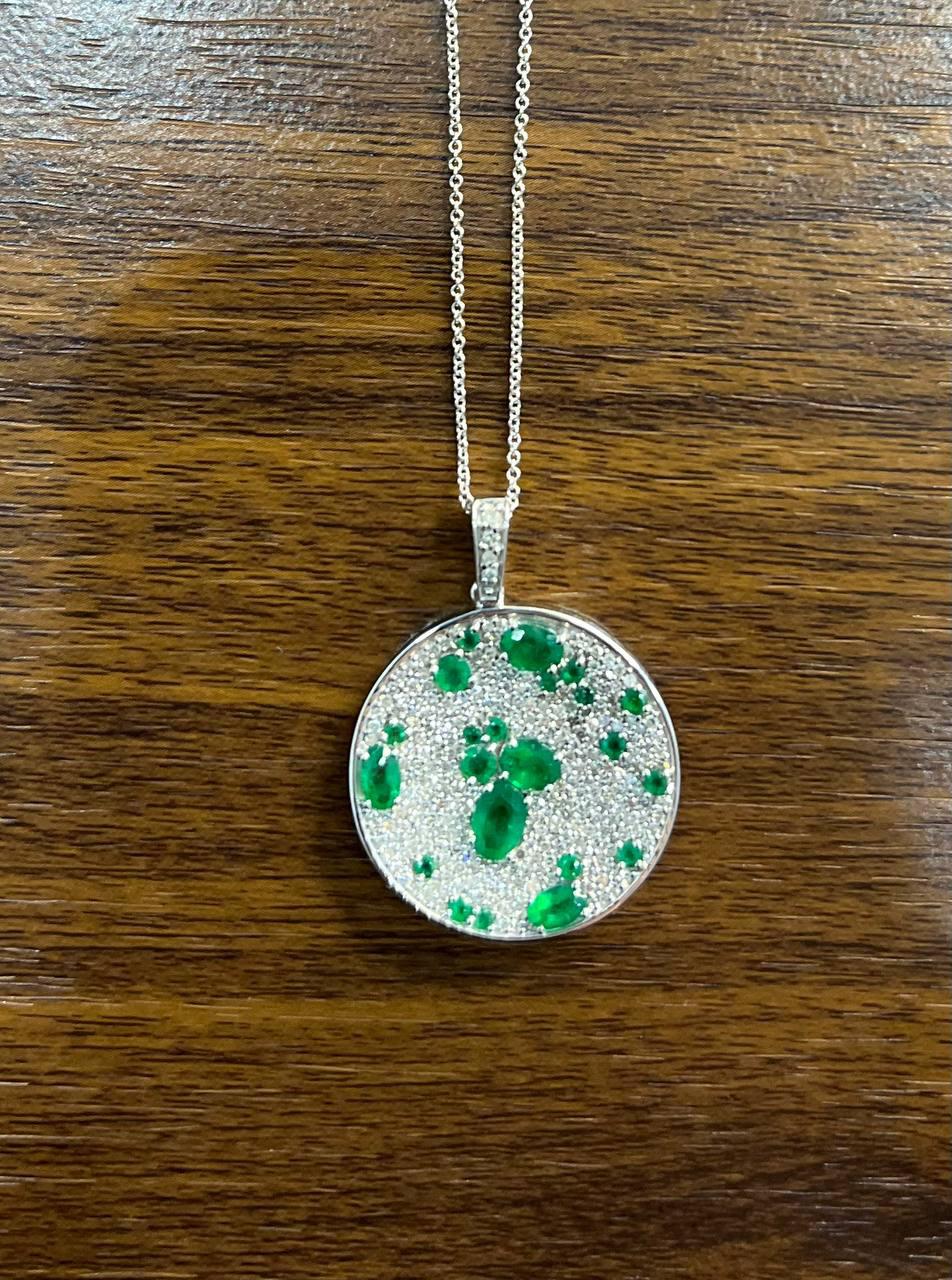 Green Emerald &amp; White Diamond Cluster Pave Set 14K White Gold Pendant Necklace