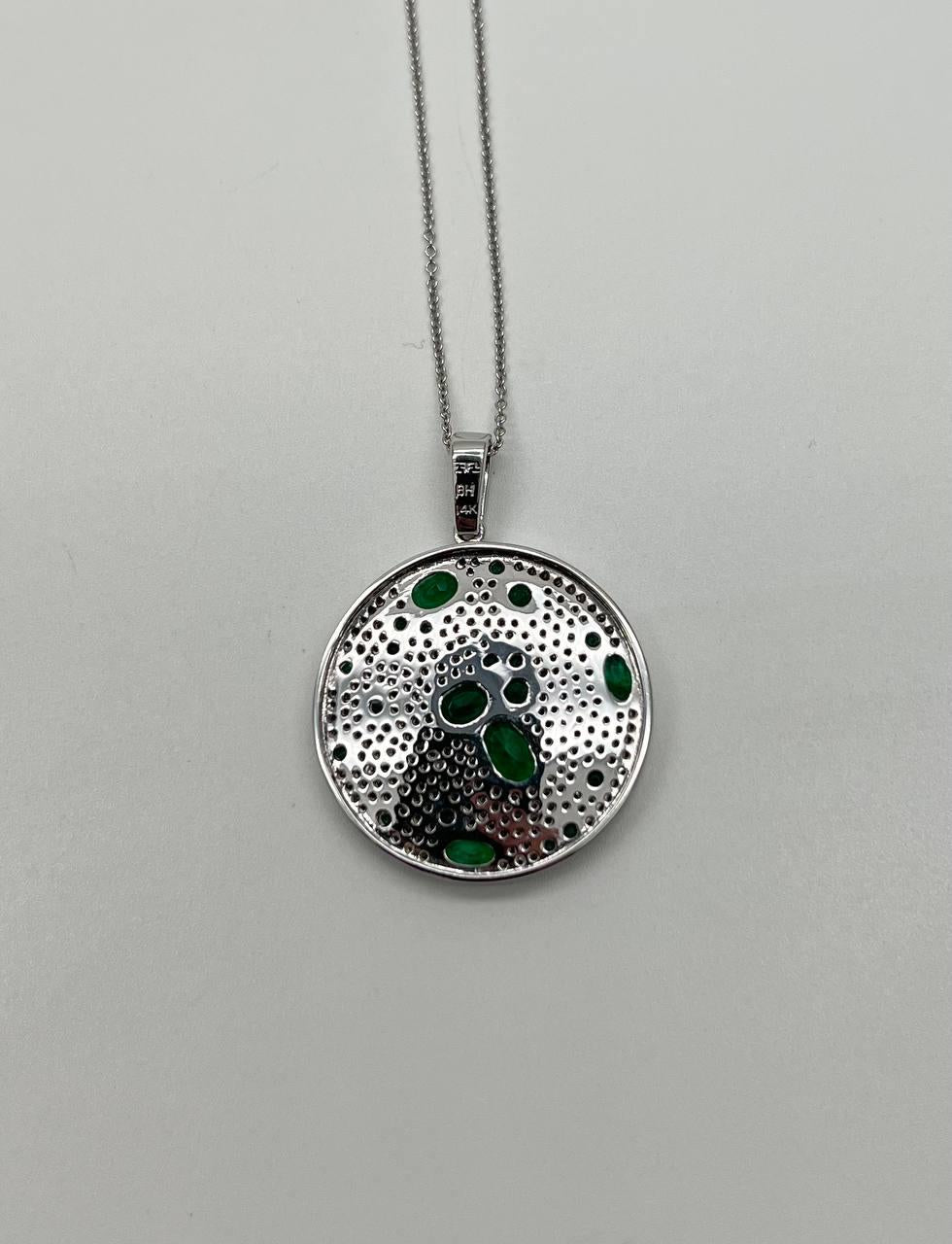 Green Emerald &amp; White Diamond Cluster Pave Set 14K White Gold Pendant Necklace