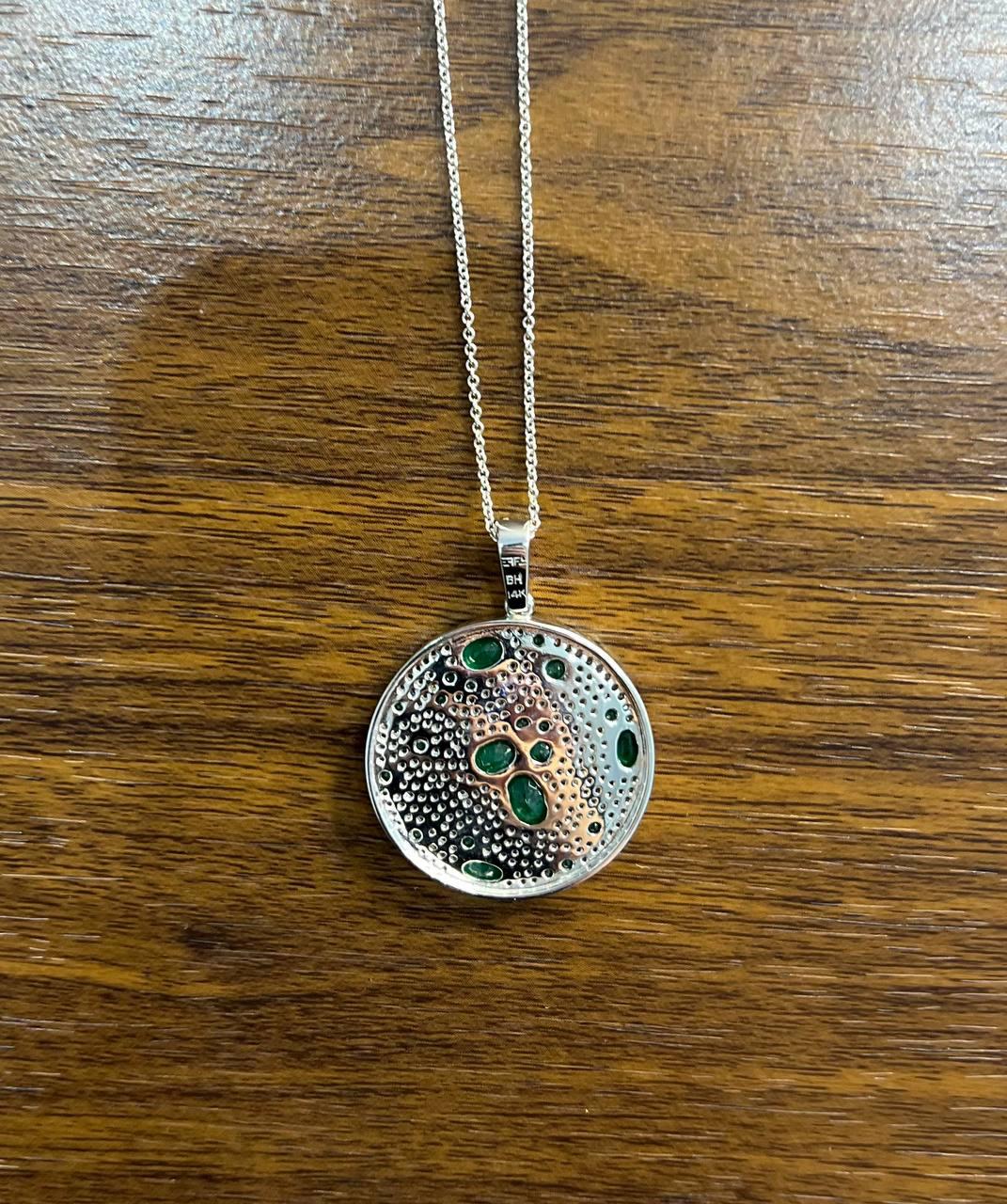 Green Emerald &amp; White Diamond Cluster Pave Set 14K White Gold Pendant Necklace