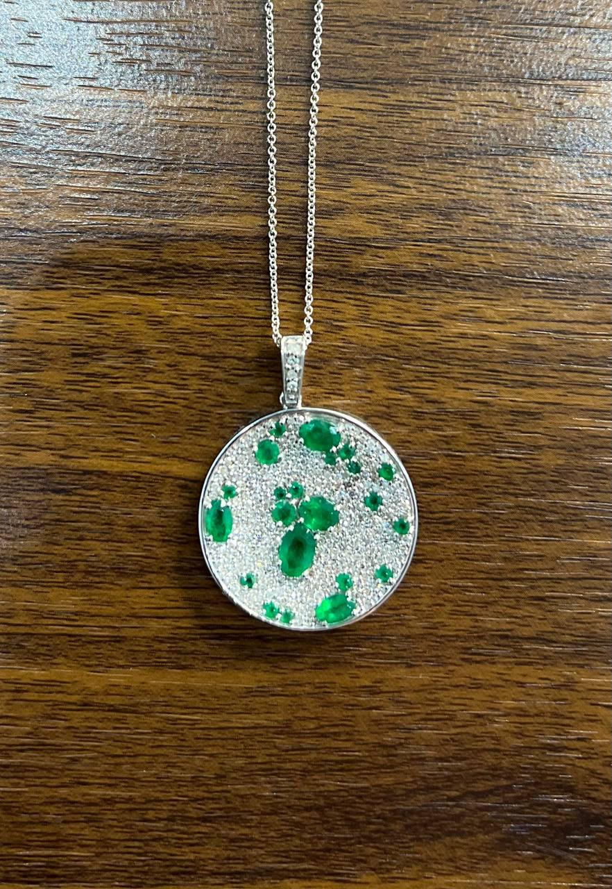Green Emerald &amp; White Diamond Cluster Pave Set 14K White Gold Pendant Necklace