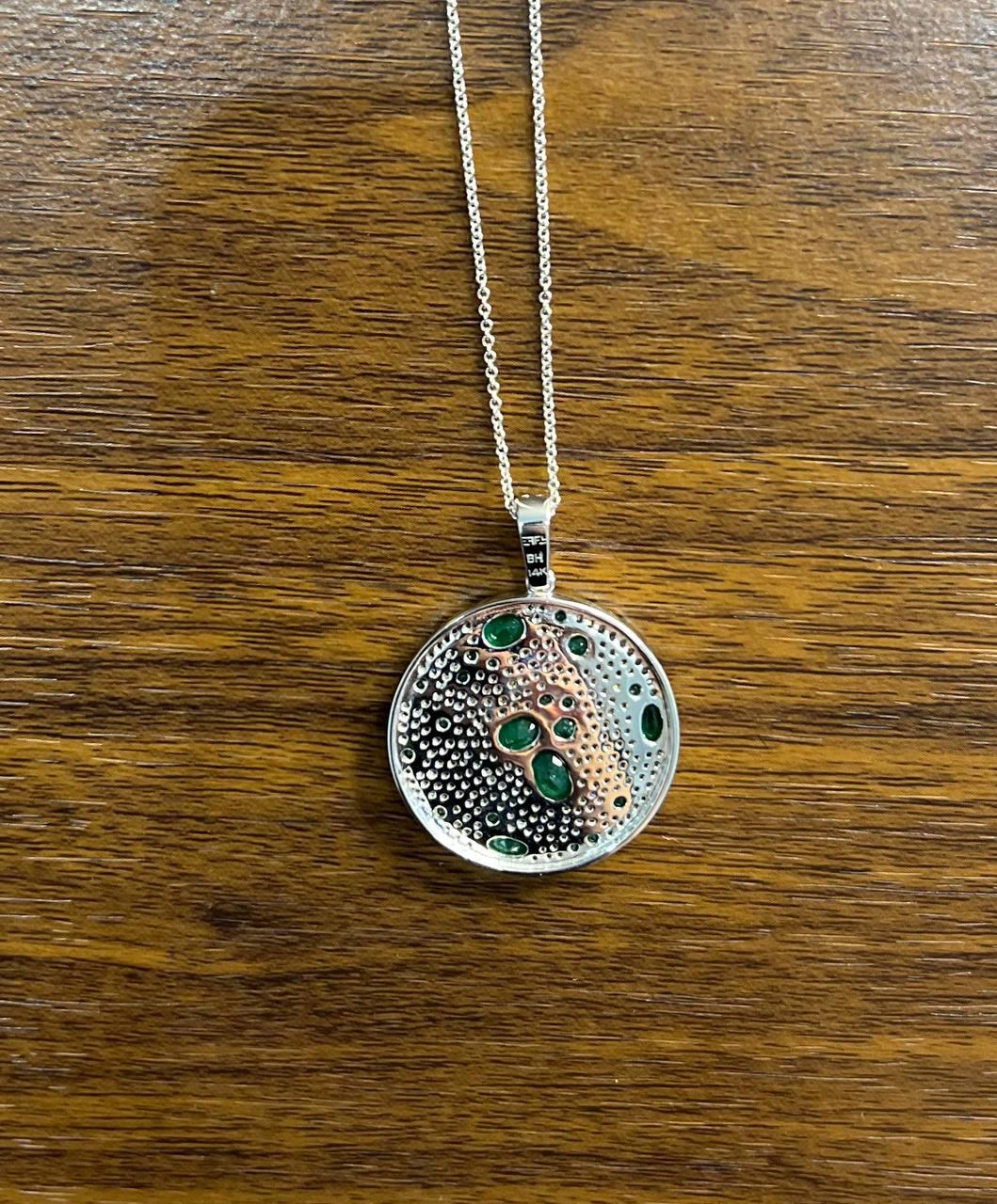Green Emerald &amp; White Diamond Cluster Pave Set 14K White Gold Pendant Necklace
