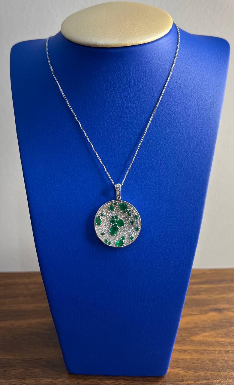 Green Emerald &amp; White Diamond Cluster Pave Set 14K White Gold Pendant Necklace