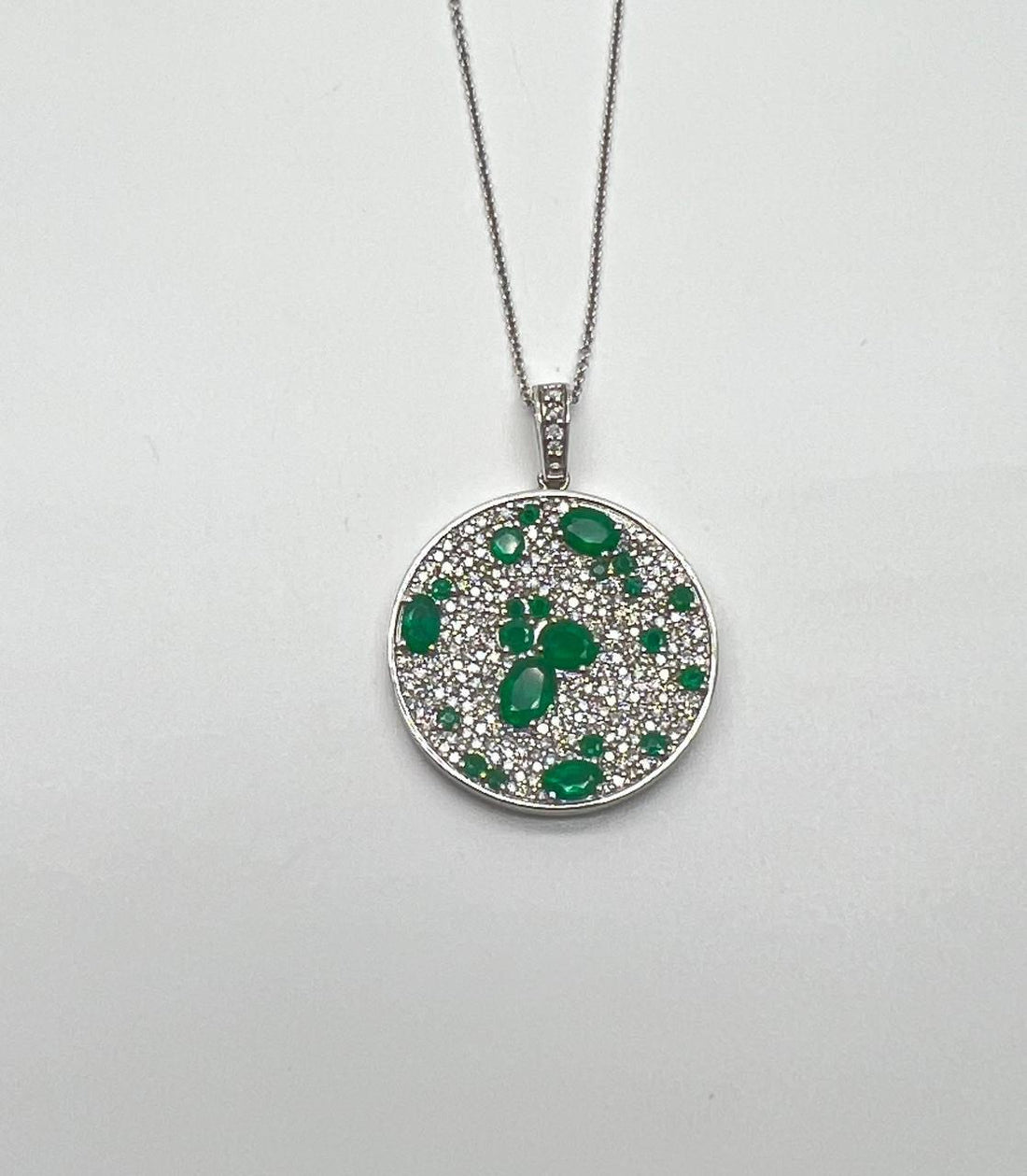 Green Emerald & White Diamond Cluster Pave Set 14K White Gold Pendant Necklace