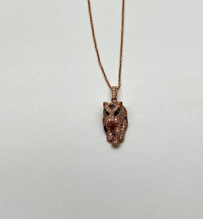 Diamond Leopard Jaguar Panther Halo 14K Rose Gold Pendant Medallion Necklace