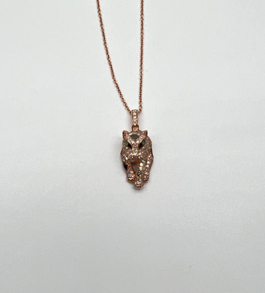 Panther Leopard Jaguar Lion 14K Rose Gold Green Emeralds Eye Pendant Necklace
