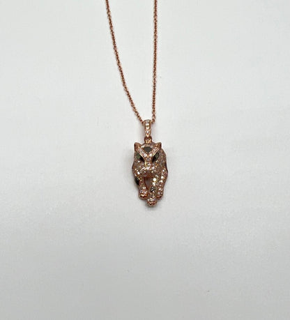 Diamond Leopard Jaguar Panther Halo 14K Rose Gold Pendant Medallion Necklace
